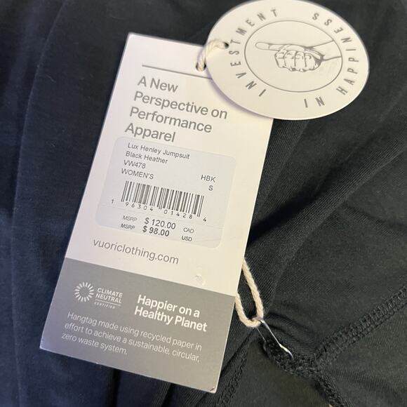 Vuori Women's Lux Henley Jumpsuit Size Small Henley Black Heather Tie Waist NWT - Picture 15 of 16